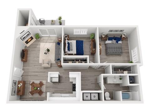 Floor plan for 2 beds, 1 bath, 905 sqft